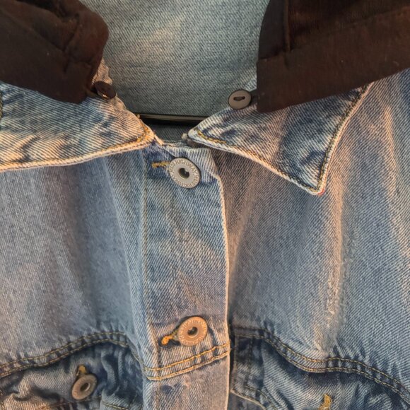 Blue Jean "Highway" Distressed Jacket- Black Jersey Sleeves Removeable Hood NWOT - Picture 8 of 9